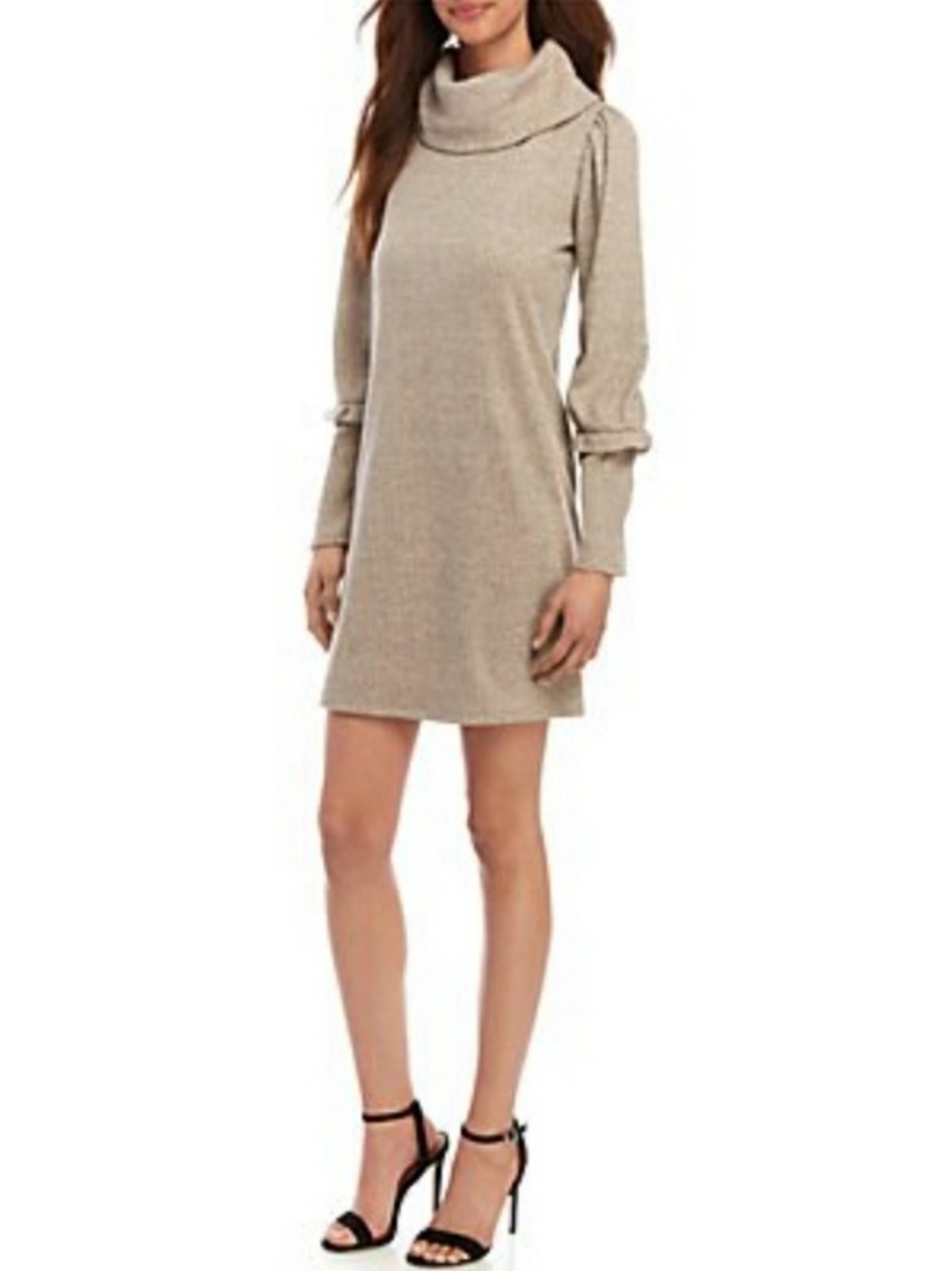 BCBGeneration Women’s Beige Ribbed Knit Bubble Sleeve Cowl Neck Sweater Dress XS